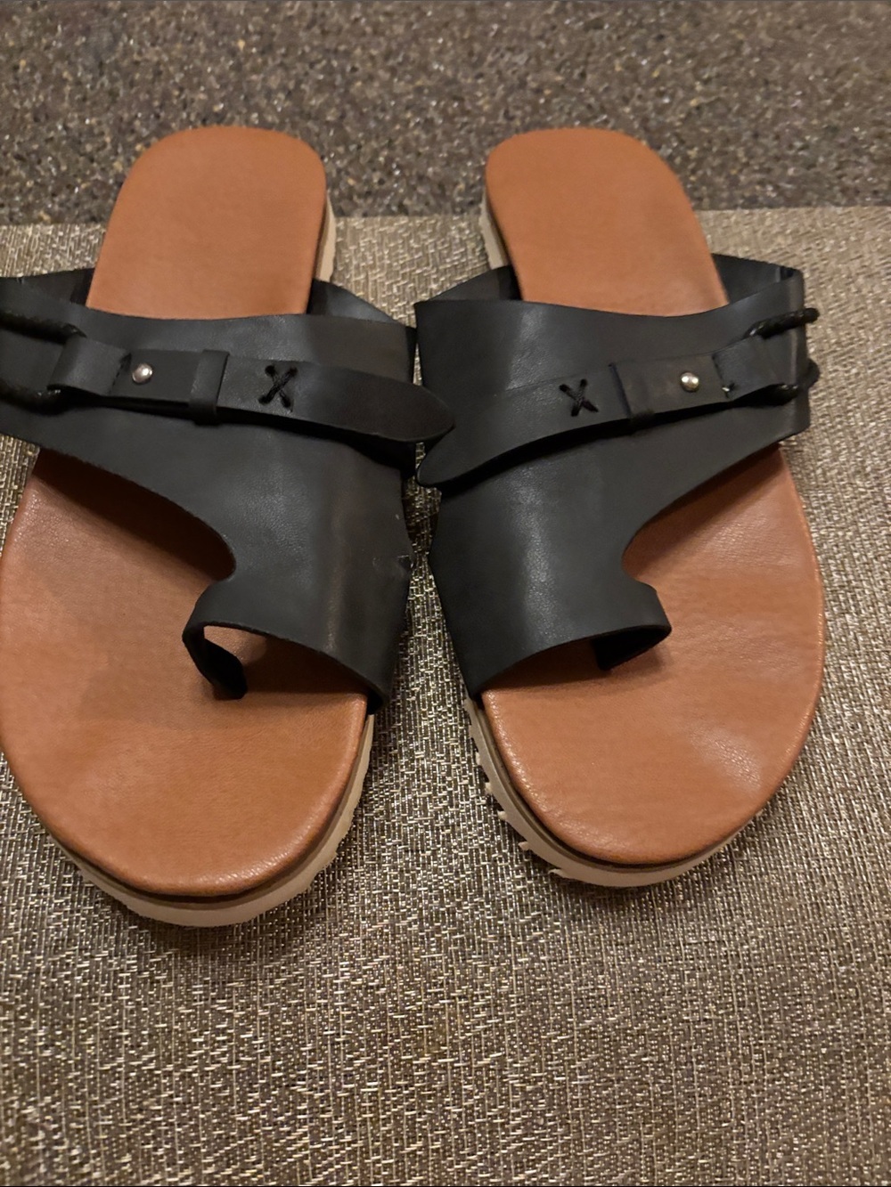 Women's Black Slide Sandals with Tan Footbed